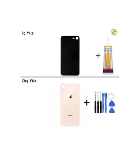iPhone 8 Altın Arka Kapak Arka Cam Batarya Kapağı Lazer Kesim Kapak Pil Kapağı + B-7000 Yapıştırıcı + Tamir Seti