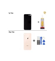 iPhone 8 Altın Arka Kapak Arka Cam Batarya Kapağı Lazer Kesim Kapak Pil Kapağı + B-7000 Yapıştırıcı + Tamir Seti