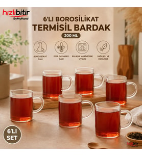 ByMyHand Borosilikat Isıya Ateşe Dayanıklı Termisil Kulplu Çay Bardağı Kahve Bardağı 6'lı Set 200 Ml