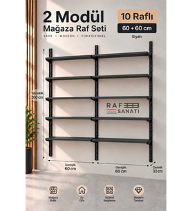 2 Modül 10 Raflı Konik Dikme Mağaza Raf Sistemi 60x30 cm Siyah Suntalam Duvar Rafı
