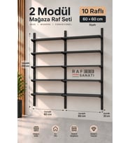 2 Modül 10 Raflı Konik Dikme Mağaza Raf Sistemi 60x30 cm Siyah Suntalam Duvar Rafı