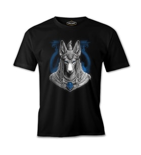 Egyptian god Anubis with a Blue Temple Background Siyah Erkek Tshirt