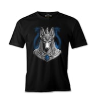 Egyptian god Anubis with a Blue Temple Background Siyah Erkek Tshirt