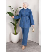 Kuşaklı Düğmeli Denim Takım – Rahat Kesim İkili Kombin Açık Mavi