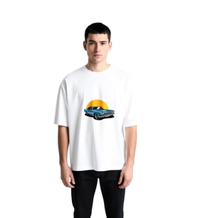 Erkek Oversize Grafik Baskılı Tişört Klasik Otomobil Vintage Güneş Motifi Retro Stil Günlük Rahat