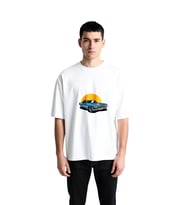 Erkek Oversize Grafik Baskılı Tişört Klasik Otomobil Vintage Güneş Motifi Retro Stil Günlük Rahat