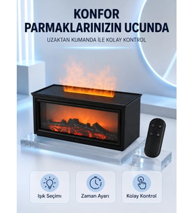 Dekoratif Şömine Görünümlü Nemlendirici Uzaktan Kumandalı Renkli LED Işıklı Difüzör