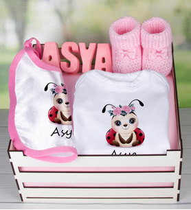 eJOYA Ahşap Sandıkta Kişiye Özel Zıbın Önlük Taş İsimlik Ve Patik Bebek Hediye Seti 109424 (Pembe)