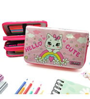 Simli Işıltılı Kitty Hello Cute Kalem Kutusu Vegan Deri Kalemkutu Üç Bölmeli Kalemlik -Pembe