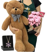 Fotoğraflı 7'li Peluş Ayıcık Buketi, Gerçek Ametist Taşlı Lotus Kolye ve Kahverengi Ayıcık (Model 2)