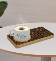 BK Gift Kişiye Özel Retro Motif Tasarımlı Doğal Ahşap Tabaklı Seramik Fincan Sunum Seti  Model 12