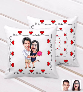 BK Gift Kişiye Özel Sevgililer Karikatürlü Kurdela Kalp Desenli Dekoratif Kırlent Yastık-108 (Beyaz)