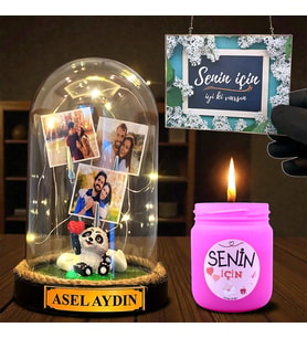 Sizlere Özel Led Işıklı Fanus ve Mis Kokulu Mum Hediye Seti Kişiye Özel Hediye (Model 4)