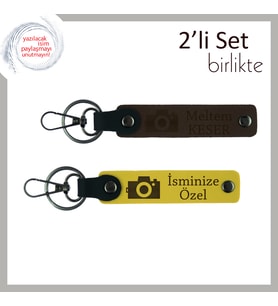 Anıya Dönüşen Hediyelik, Fotoğraf Makinesi Desenli, Kişisel 2’li Anahtarlık Seti, Koyu Kahve-Sarı