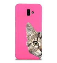 Samsung Galaxy J6 Plus Uyumlu Lansman Kılıf Catface Tasarımlı İçi Kadife Kapak-Neon Pembe (Şeffaf)