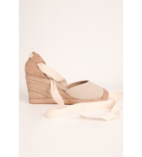 Bej İpli Dolgu Topuk Keten Espadril
