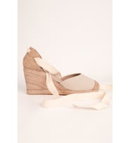 Bej İpli Dolgu Topuk Keten Espadril