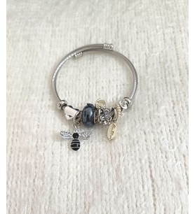 kadın zirkon taşlı arı detaylı çelik pandora (Siyah)