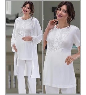 NEHİR 2036 Hamile Lohusa 3Lü Pijama Sabahlık Takım (Ekru)