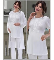 NEHİR 2036 Hamile Lohusa 3Lü Pijama Sabahlık Takım (Ekru)