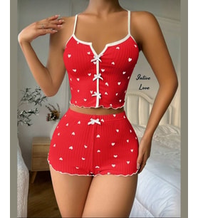 Intive Comfort Kalp Desenli V Yaka İnce Askılı Mini Şortlu Büstiyer Takım/Pijama Takımı (Kırmızı)