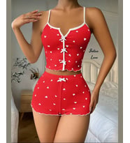 Intive Comfort Kalp Desenli V Yaka İnce Askılı Mini Şortlu Büstiyer Takım/Pijama Takımı (Kırmızı)