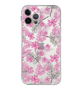 Apple iPhone 12 Pro MaxKamera Korumalı Tıpalı Kapak Floral Pembe Tasarımlı Şeffaf Kılıf