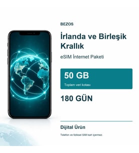 İrlanda ve Birleşik Krallık eSIM İnternet Paketi 50 GB 180 Gün