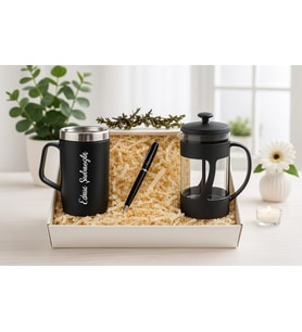 Kişiye Özel Termos Kalem ve Siyah French Press Kutulu Hediye Seti