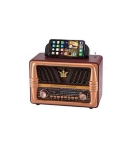 NS-8077 Büyük Boy Telefon Tutma Aparatlı Retro Ahşap Tasarım Bluetooth Hoparlörlü Radyo Fm/am