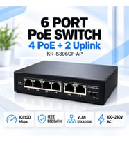 KR-S306CF-AP 4+2 Port 10/100 Mbps PoE Switch – 4 PoE + 2 Uplink, VLAN Destekli