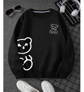 AMOR FACE ÖZEL TASARIM BİSİKLET YAKA BEYAZ ÇİFT AYICIK BASKILI OVERSİZE MODERN KADIN SWEATSHIRT