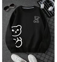 AMOR FACE ÖZEL TASARIM BİSİKLET YAKA BEYAZ ÇİFT AYICIK BASKILI OVERSİZE MODERN KADIN SWEATSHIRT (Siyah)