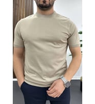 Erkek Düz Desen Bisiklet Yaka Tişört Vizon Edw459
