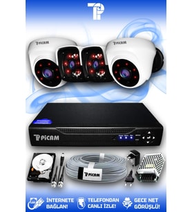 PICAM 4 Kameralı Panda 2 İç Kamera Set 100 GB HDD Full HD Gece Görüşlü Güvenlik Kamerası Sistemi