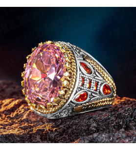 925 Ayar Gümüş Pembe Zirkon Taşlı Usta İşi Erkek Yüzük