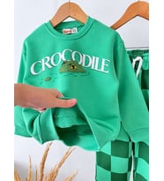 Timsah Kabartma Baskılı Sweatshirt Kareli Eşofman Kız & Erkek Çocuk 3İp Alt Üst Takım