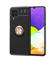 Galaxy A22 4G Kılıf Standlı Yüzüklü Manyetik Silikon (Siyah-Rose Gold)