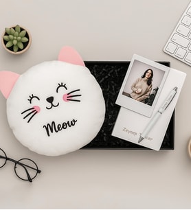 Kişiye Özel Fotoğraflı Çerçeve,Defter,Kalem Ve Kedi Yastık Hediye Seti (STD)