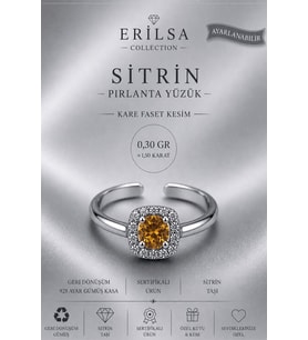 Sertifikalı Sitrin Taşı Pırlanta Model Kare Faset Kesim 1,50 Karat 925 Ayar Gümüş Ayarlamalı Yüzük