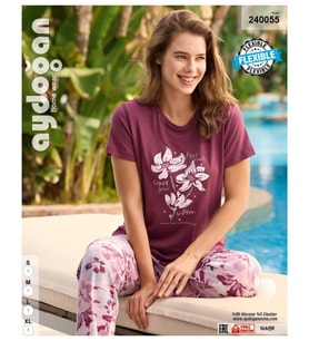 Aydoğan GülKurusu Çiçek Baskılı Viskos Yazlık Pijama Takımı-240055 (Gül Kurusu)