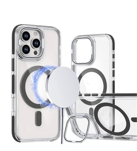 Coverzone iPhone 16 Pro ile uyumlu Metal Standl? ?effaf Magsefe ile uyumlu ?arj �zellikli Renkli ve ??k Tasar?ml? Dalliance Transparent TPU Arka Kapak Black
