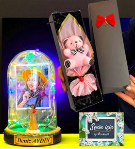 Size Özel Fotoğraflı İsimli Renkli Led Işıklı Fanus ve Kutusunda Pembe Ayıcık Buketi (Model 5)