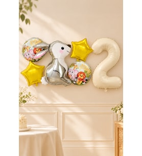 2 Yaş Gümüş Tavşan Folyo Balonlu 5li Set ve Rakam Balon Safari Tema Balon Seti Set41