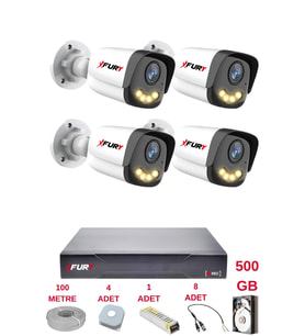 FURY 4 Kameralı 4 Warm Led Gece Renkli Görüş-Cepten İzle-Su Geçirmez Güvenlik Kamerası Seti 500GB