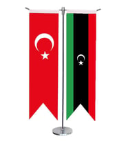 Masa Üstü Kırlangıç Libya Bayrağı Türk Bayrağı + Krom T Direk Masa Bayrak Seti