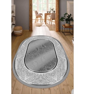 Dijital Baskılı Kaymaz Taban Yıkanabilir Oval Salon Halısı Mutfak Halısı Yolluk NDO-SD-1024 (Gümüş)