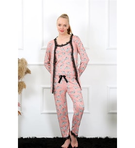 Kadın 3'lü Somon Sabahlık Pijama Takım