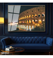Altın Renk Metal Çerçeveli Tamperli Cam Tablo Roma Kolezyum Gece Aydınlatması Şehir Mimari Tablo Duvar Dekoru