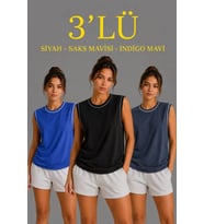 3’lü Kolsuz Sporcu Atlet Seti Yazlık Bisiklet Yaka - Siyah, Saks Mavisi, İndigo